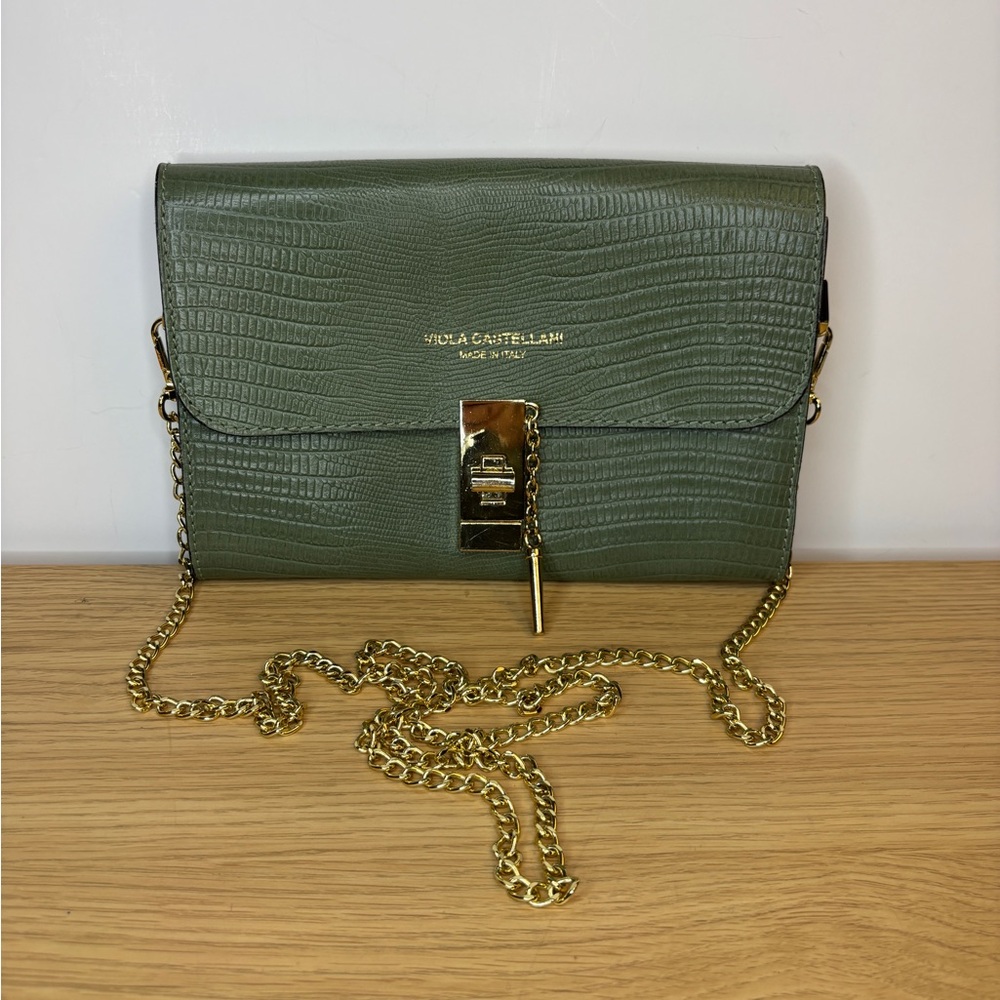 Mint Green Lizard Embossed “Viola Castellani” Italian Leather Chain Bag NWOT